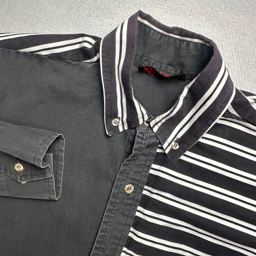 Liz Studio Button Down Shirt Mens L Black White Striped Colorblock Western Yoke